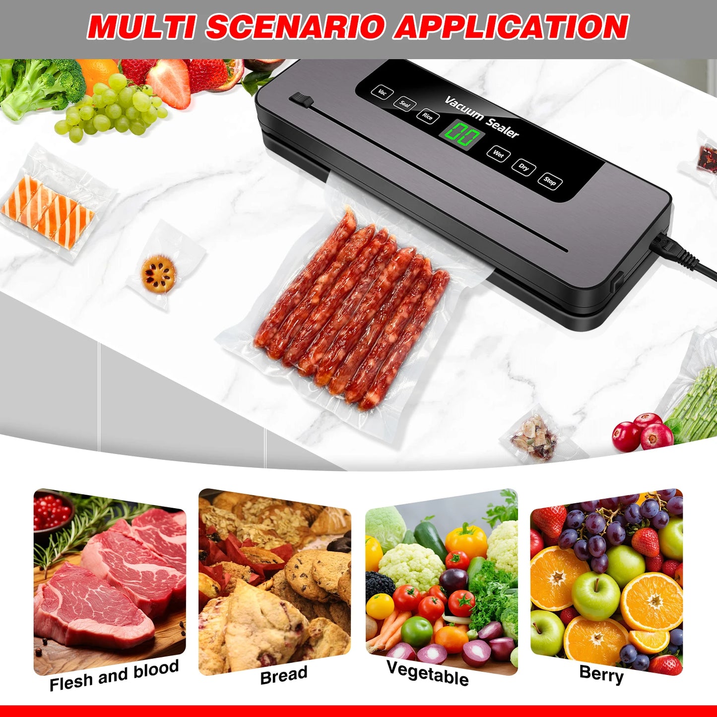 Automatic Food Vacuum Sealer Machine – 5 Sealing Modes, Built-In Cutter & 10 Reusable Bags